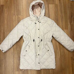 Joe Fresh x Jillian Harris Winter Jacket | Quilted White Coat | Cinch Waist Hood